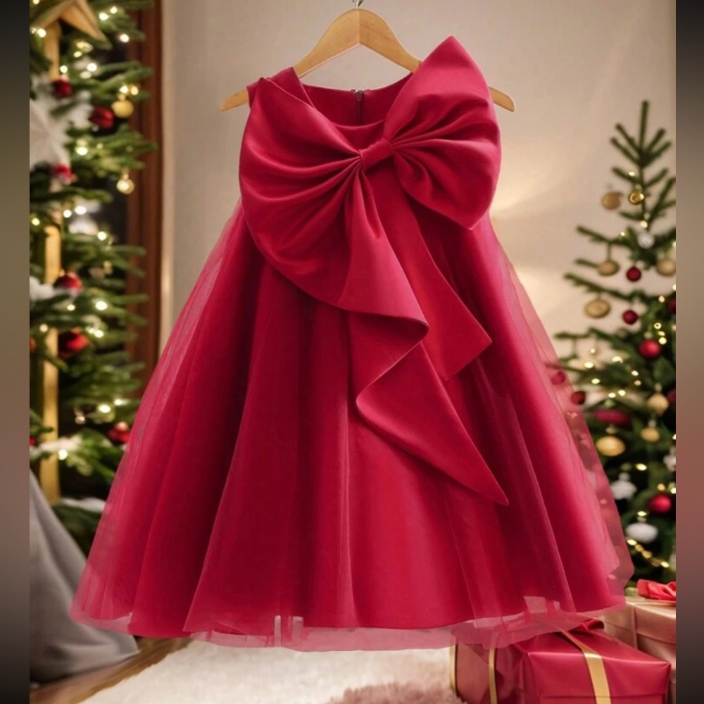 Toddler / big girls - bow front red dress - mesh organza and satin material